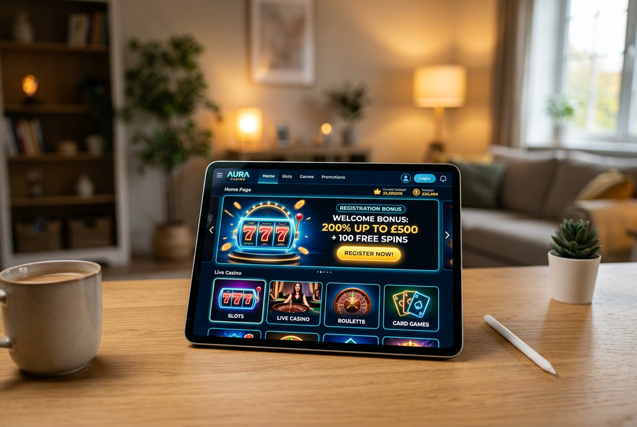 A high-tech tablet displaying a modern online casino dashboard with neon accents.