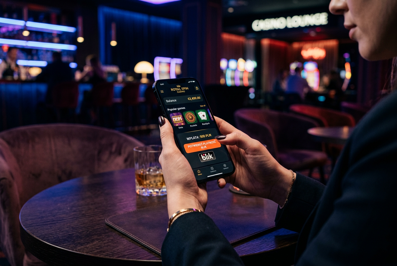 Person using a smartphone to pay via BLIK in a stylish online casino interface.