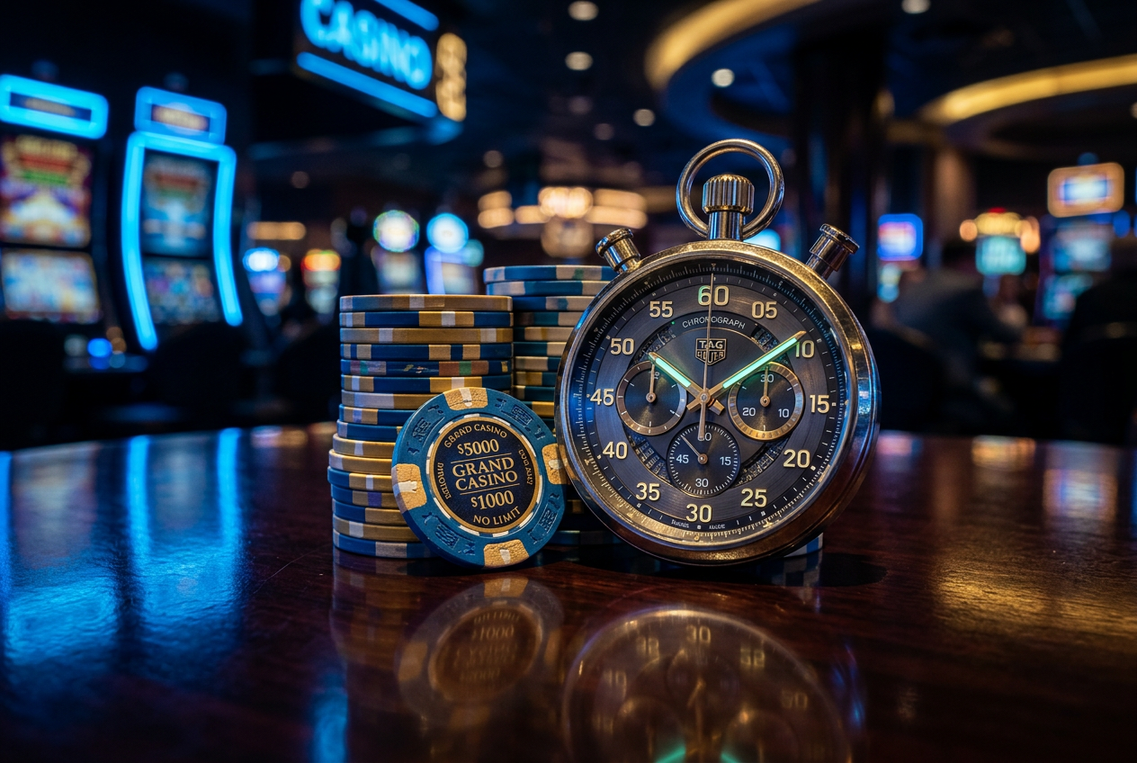 Casino chips and a stopwatch